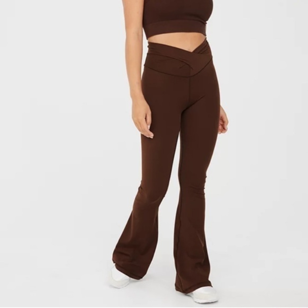 Aerie Offline Brown Dark Maple Real Me Crossover Wrap Flare Leggings